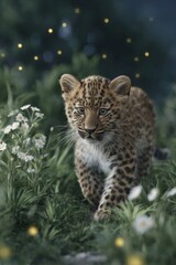 Fototapeta premium A leopard cub crawls through a twilight jungle, creating a serene and enchanting scene.