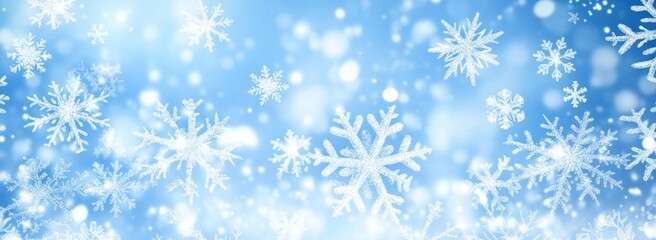 Wintery snowflakes float on a light blue background