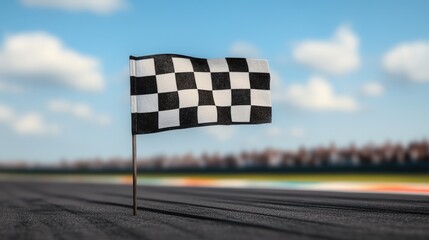 A black and white checkered racing flag stands on an empty race track, with a blurred crowd and blue sky in the background.