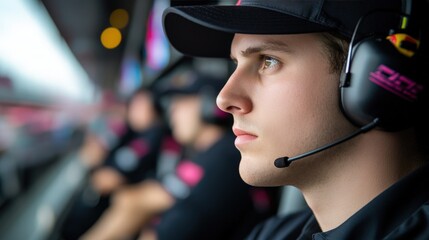 Focused young man wearing a headset and cap, likely part of a motorsport pit crew, intently monitoring the race with teammates in the background.
