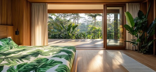 Tropical Bedroom Sanctuary: Sunlight Streaming Through Sliding Doors to Lush Jungle View