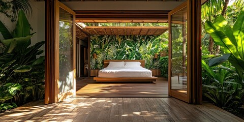 Serene Tropical Bedroom Oasis: Luxurious Getaway in Lush Paradise