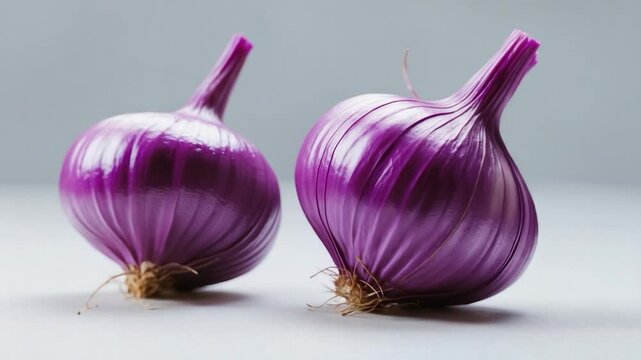 Freshly harvested purple onions with smooth, glossy skins and delicate bulb shapes, showcasing rich purple hues and fine rootlets against a soft gray background.