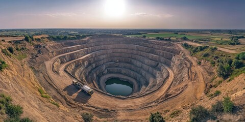 Aerial View of a Large Quarry During Sunset