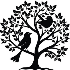 Two birds loving silhouette in small tree 