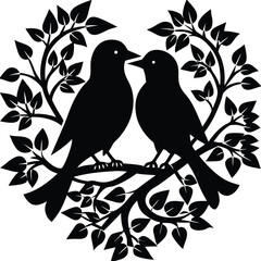 Two birds loving silhouette in small tree 
