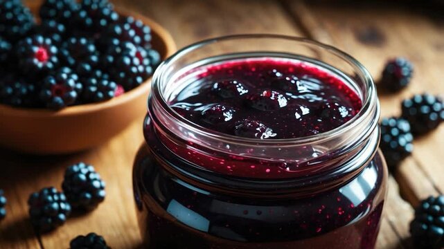 Rich blackberry jam in a clear glass jar with a shiny surface, surrounded by fresh blackberries on a rustic wooden table, showcasing deep purple hues and a thick texture.