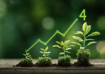 Four saplings in soil, progressively larger, mirroring an upward trending green graph symbolizing growth and environmental prosperity against a blurred green background