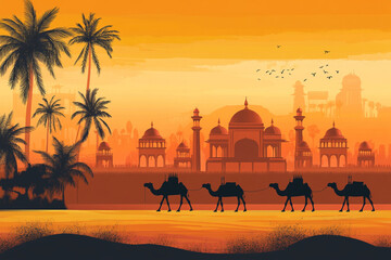 Traditional Mughal, camel caravan, vector style.