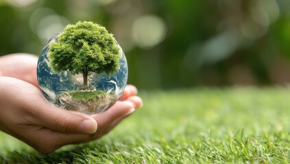 Two hands gently cradle a glass sphere depicting a lush green tree rooted on a miniature Earth, nestled on vibrant green grass against a soft-focus natural background