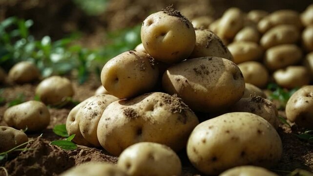 Freshly harvested potatoes piled on brown soil, showcasing their earthy tones and textures, surrounded by more potatoes against a lush green background.
