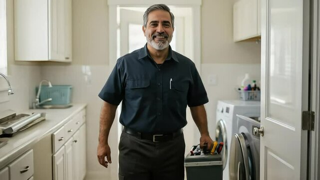Smiling technician with toolbox in laundry room.