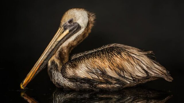 Brown pelican with oiled plumage