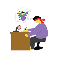 illustration of a young man who is trying to study hard at the study table to achieve his dream, flat illustration, vector eps 10
