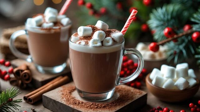 Delicious hot chocolate mugs topped with whipped cream and marshmallows, surrounded by festive pine branches, cinnamon sticks, red berries, and a cozy winter atmosphere.