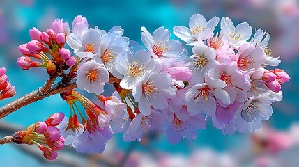 Beautiful Blooming Cherry Blossom Branch with Soft Petals Against a Blue Background