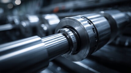 Fototapeta premium Polished metal machinery components in abstract close-up, showcasing precision engineering and industrial elegance. 