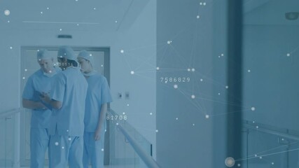 Medical team lifting tablet triggers network overlay as walking corridor and reviewing patient data - Powered by Adobe