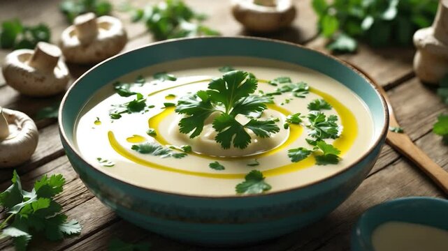 Creamy white soup garnished with fresh cilantro and a swirl of olive oil, surrounded by mushrooms and herbs on a rustic wooden table. Cozy and inviting food presentation.