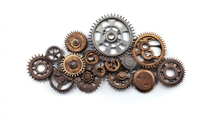 Clockwork gears cluster on white