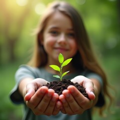 Mano de una niña sosteniendo una plántula, con un bosque de fondo. Medio ambiente.