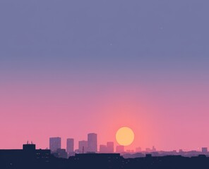 Silhouetted cityscape at sunset, pastel pinks and purples dominate the sky, large sun low on the horizon