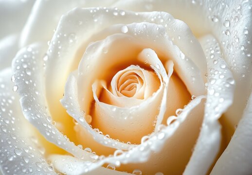 Close-up of a delicate, creamy-white rose, covered in water droplets