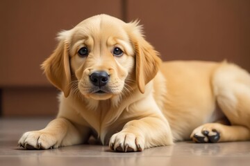 Golden retriever puppy laying down, head tilted, dog breed, dog portrait, playful