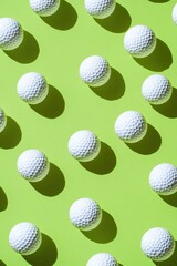 Golf balls arranged in a grid pattern on a lime green background.  Shadows visible