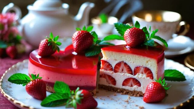 Heart-shaped strawberry mousse cake garnished with fresh strawberries and mint leaves, served on an elegant plate with a teapot and fine china, creating a charming dessert presentation.