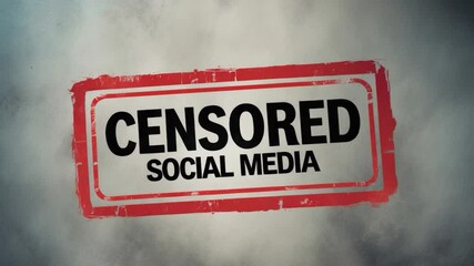 Bold stamp design with the word CENSORED prominently displayed over SOCIAL MEDIA, conveying themes of restriction and digital censorship against a textured gray background.