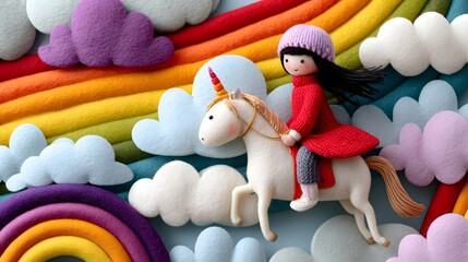 Handcrafted felt art of a girl riding a unicorn amid fluffy clouds and rainbows