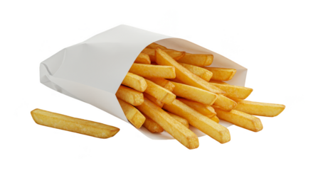 Isolated Photo of Golden French Fries in White Paper Bag Background