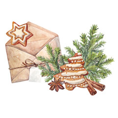 Watercolor Christmas gingerbread tree and spice condiment and .envelope isolated on white background. Celebration winter New Year dessert food with cinnamon for menu or card. Bakery cookie clipart