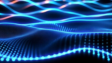 Luminous blue waves & dots, evoking data streams, against a dark background, suggest futuristic technology in abstract visualization - Powered by Adobe