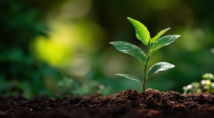 Naklejka premium A young seedling with vibrant green leaves emerges from dark soil, bathed in soft sunlight against a blurred green background