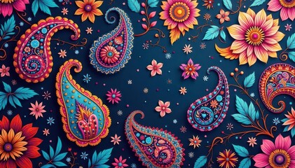 Fototapeta premium Intricate paisley floral pattern in vibrant hues, paisley, flowers, retro