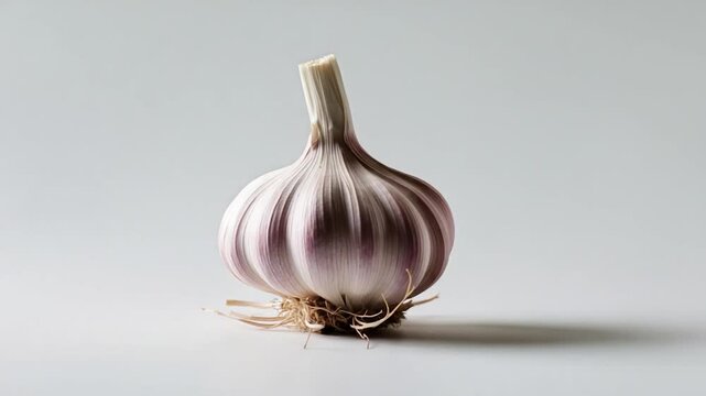 Elegant single garlic bulb showcasing smooth white and purple skin, with intricate ridges and exposed roots, set against a minimalist light background for a striking visual impact.