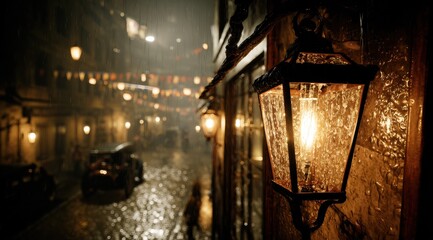 Rain-slicked cobblestone street at night, illuminated by gas lamps and festive string lights in the background; a close-up view of a rain-covered lantern