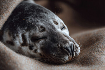 a seal is sleeping on a blanket