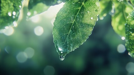 Green Leaf with Water Droplets - Photo