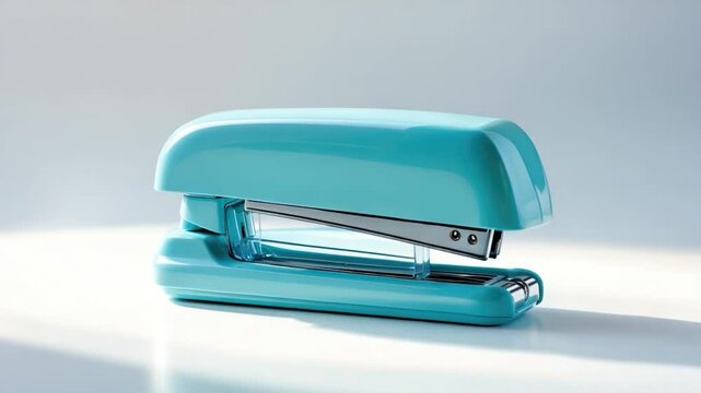Stylish turquoise desktop stapler with a sleek design and glossy finish, positioned to showcase its modern aesthetic and functional features against a light backdrop.