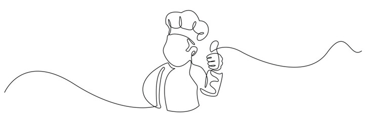 one continuous line restaurant chef giving thumbs up.one line drawing of restaurant,chef,cafe,fast food symbol sign.single line vector illustration