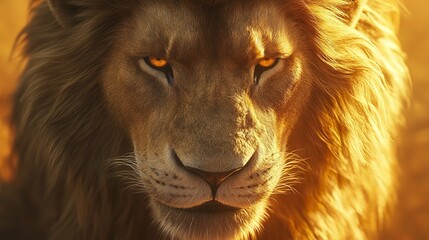 A close-up portrait of a majestic lion basking in the golden light of sunset, with soft shadows accentuating the power and grace of the king of the jungle