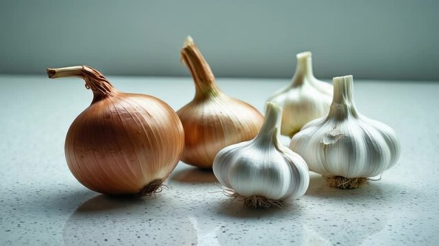 Fresh onions and garlic arranged on a polished countertop, featuring a large brown onion and several white garlic cloves, capturing a vibrant and natural culinary essence.