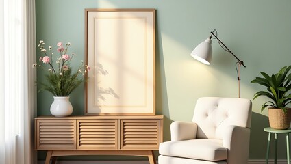 Modern living room interior with blank frame