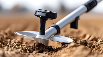 Metal detector scanning over dry soil in an archaeological field