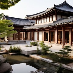 an AI Image Generator, Asian Architecture with Courtyard and Garden Landscaping