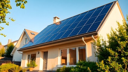 Fototapeta premium Sustainable Home Energy Solar Panels on Residential Roof