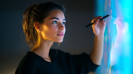 Obraz premium Woman updating digital planner on touchscreen